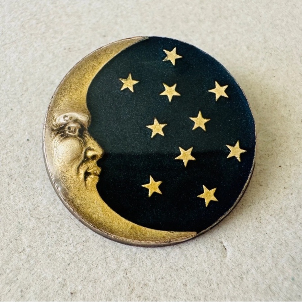 Scarce Vintage Catherine Popesco Celestial Man in the Moon Stars Brooch Pin 1”